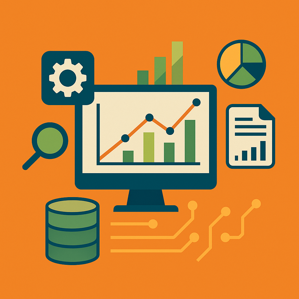 Illustration of data analytics workflow with charts, cloud, and gear icons on an orange background, representing Scenic City Analytics services.